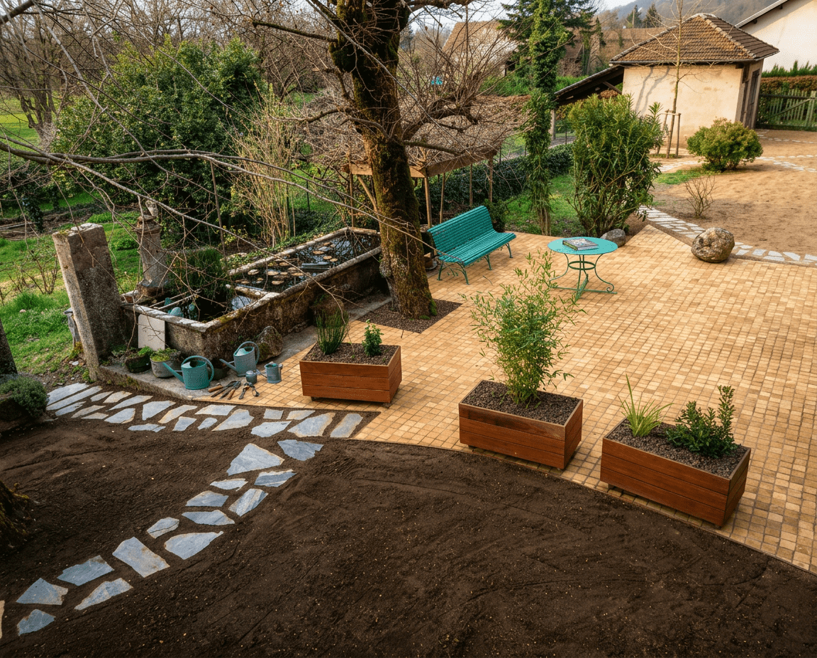 Terrasse en dalle naturelle à Saint-Marcellin — Tradition Paysage paysagiste Isère